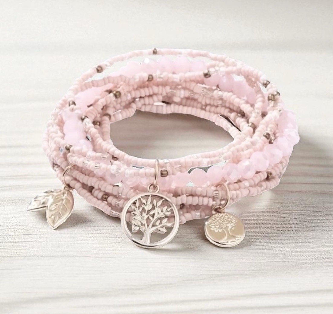 Boho Pink Agate Beaded Stacking Bracelets With Charms - Set Of 3 - Tree Of Life gallery