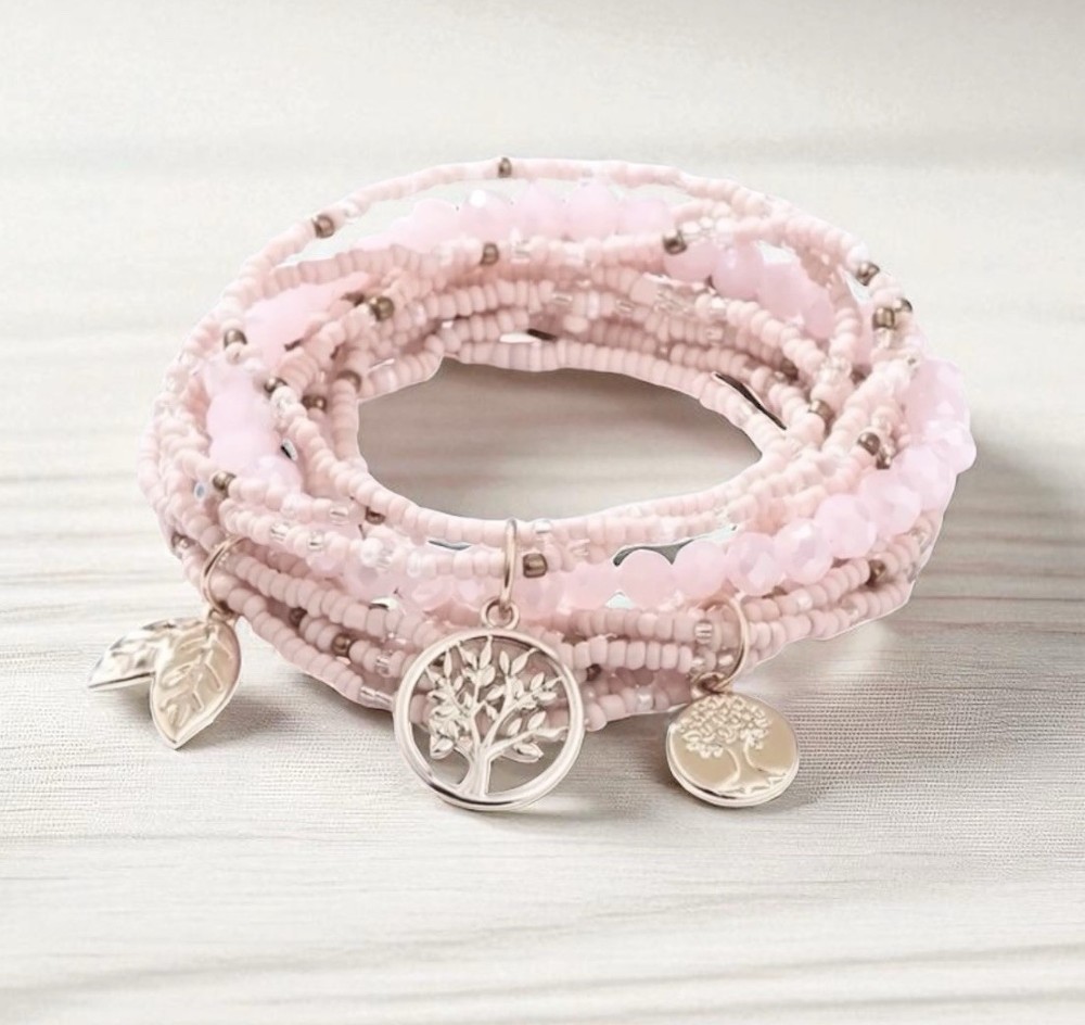 Boho Pink Agate Beaded Stacking Bracelets With Charms - Set Of 3 - Tree Of Life