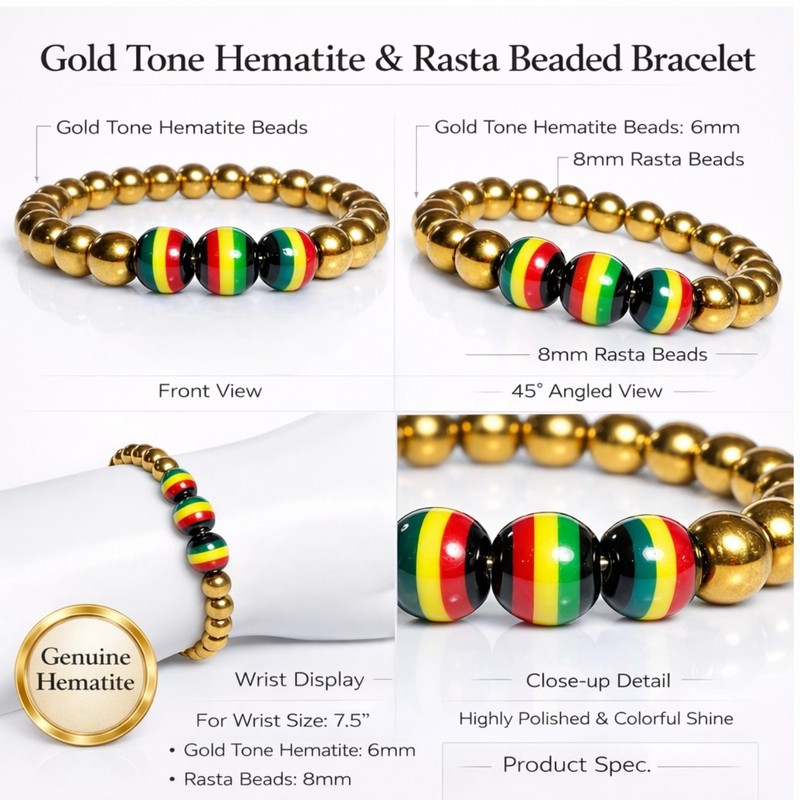 Gold Tone Hematite Rasta Beaded Bracelet Red Yellow Green Black Protection 7.5" gallery
