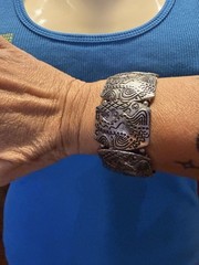 Vintage Silver Tone Stretch Bracelet Abstract Geometric Tribal Boho Statement