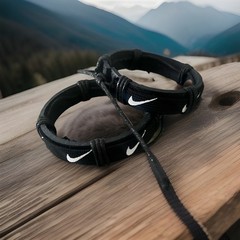 Nike Unisex Sports Leather Cord Tribal Bracelet Wristband Black With White 2 Pcs