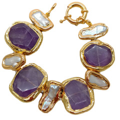 Amethyst Chunk natural White Biwa Freshwater Pearl 24 K gold plated  Bracelet 8″