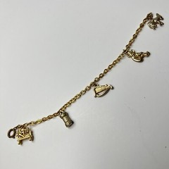 Vintage Jewelry ~ Gold Tone Charm Bracelet ~ 7” Harp Spinning Wheel Elf Donkey