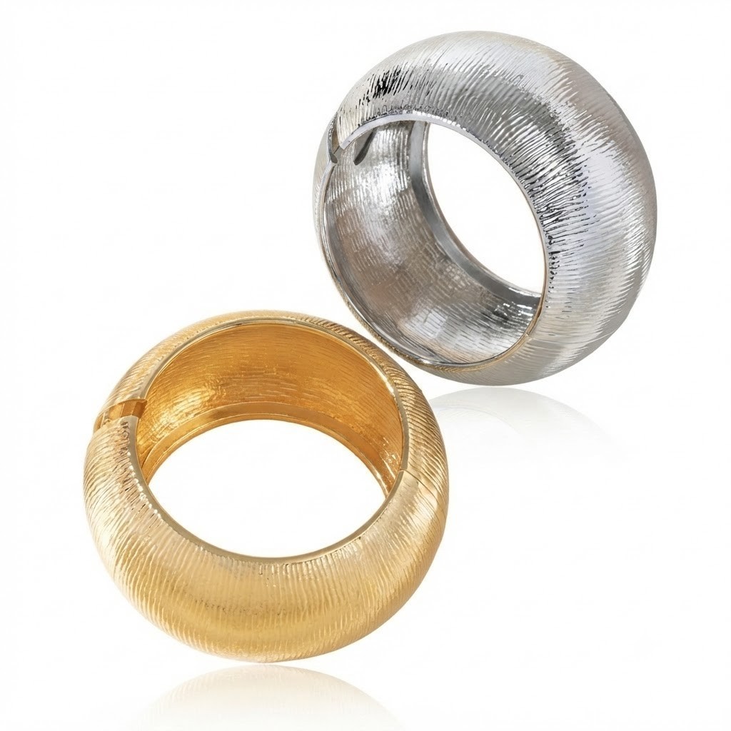 2pcs Chunky Textured Hinged Bangle Bracelet Set Gold Silver Cuff Women gallery