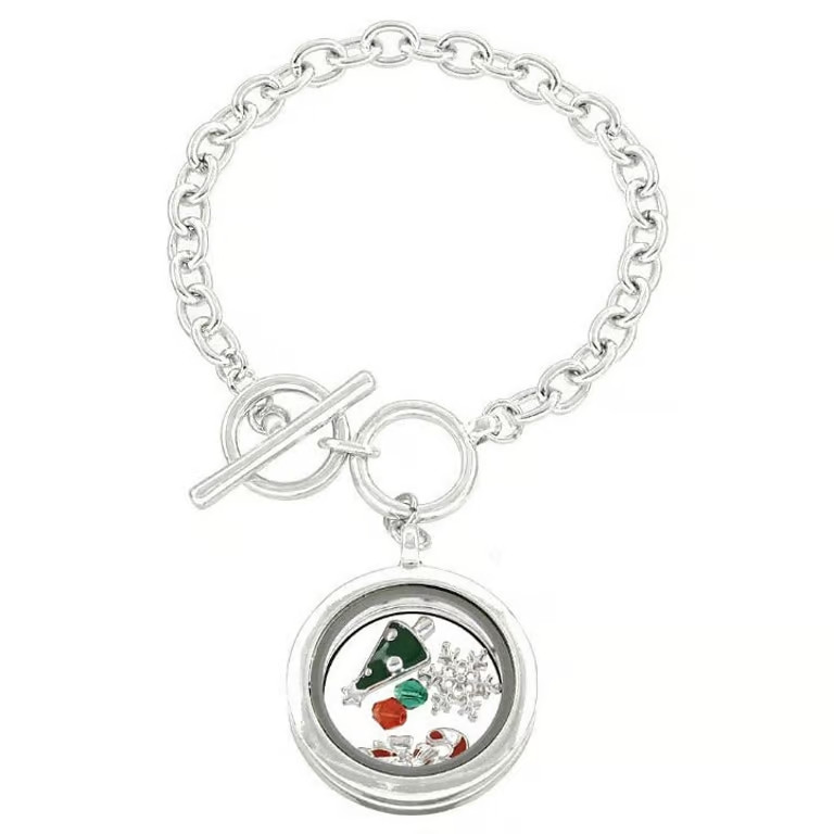 Christmas Floating Charm Locket Bracelet Holiday Glass Pendant Bangle 8" Gift gallery
