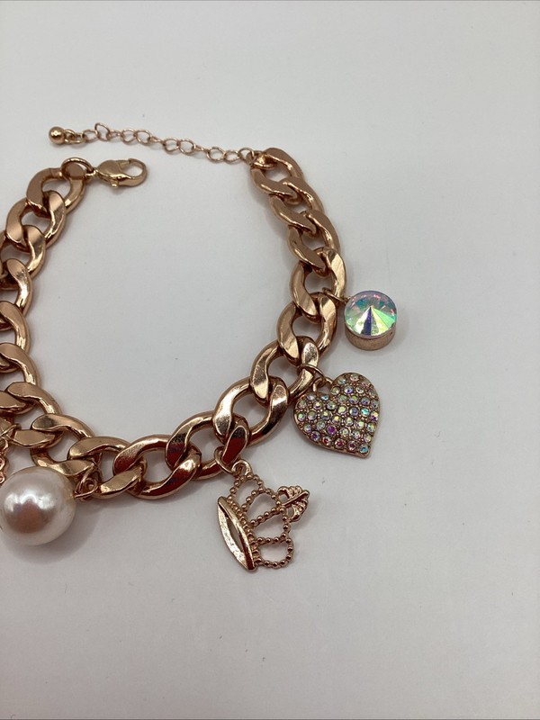 Rose Gold Tone Curb Chain Charm Bracelet W/ Faux Pearl,crystal Heart and Bow gallery