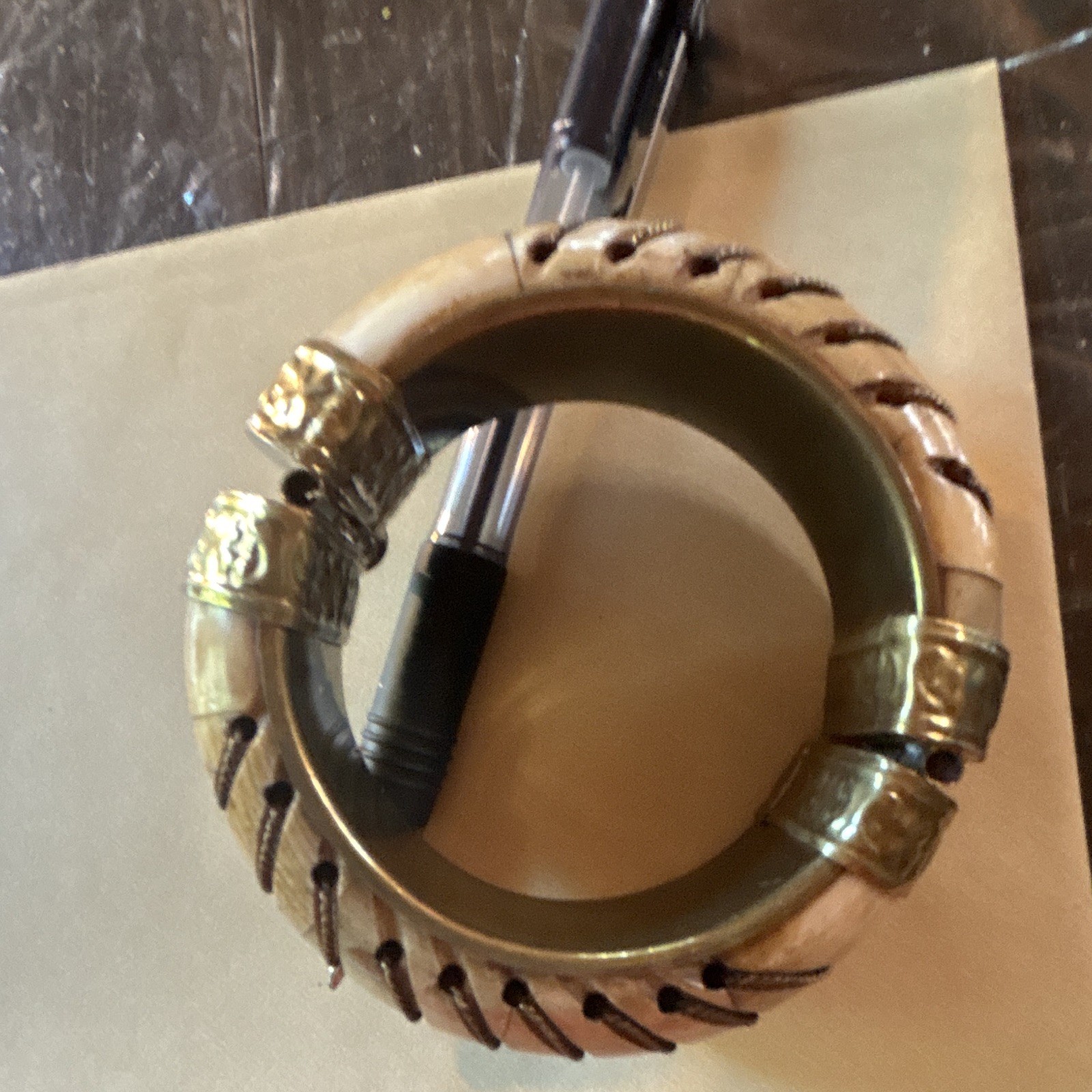 Wrapped Stitch Detail ivory Round Bangle Bracelet GoldTone Accents Beige. gallery
