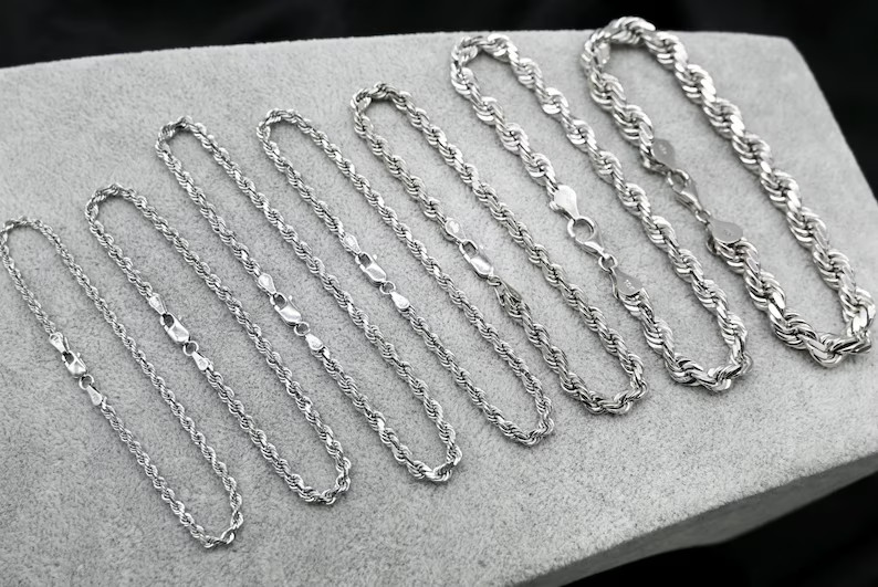 10K White Gold Rope Chain Bracelet Diamond Cut Real Gold 1mm-5mm 7-9in gallery