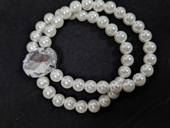 Retro White Glass Faux Pearl Double Strand Oval Crystal Stretch Bracelet Bridal
