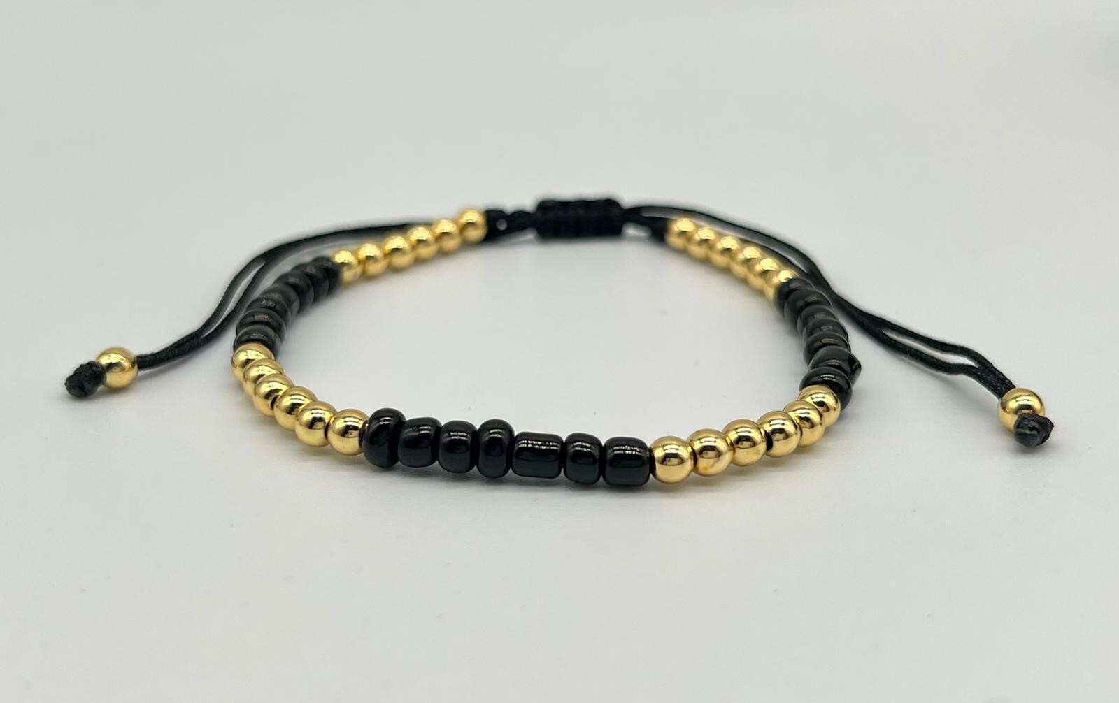 Gold Color Stainless Steel Thread Black Bracelet with Adjustable Beads gallery