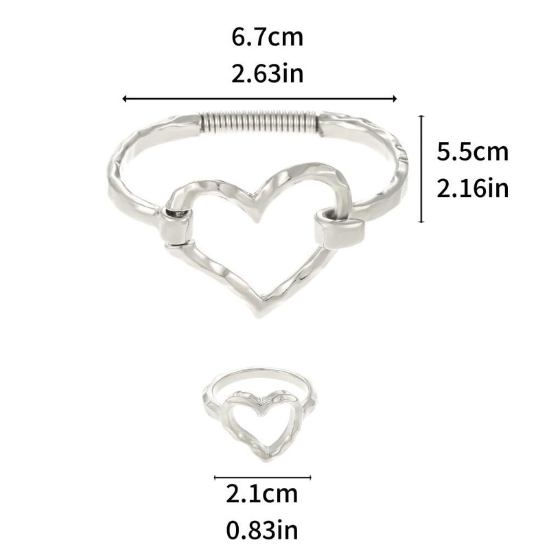 Silver Heart Bracelet Ring Set for Cuff Bangle Irregular Bracelet Wide Chunky... gallery