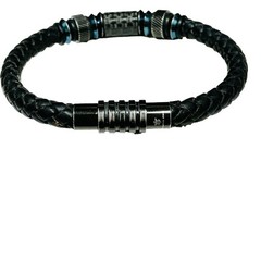 Black Jack Leather Stainless Steel Bracelet Blue Tone Carbon Fiber Gothic Biker