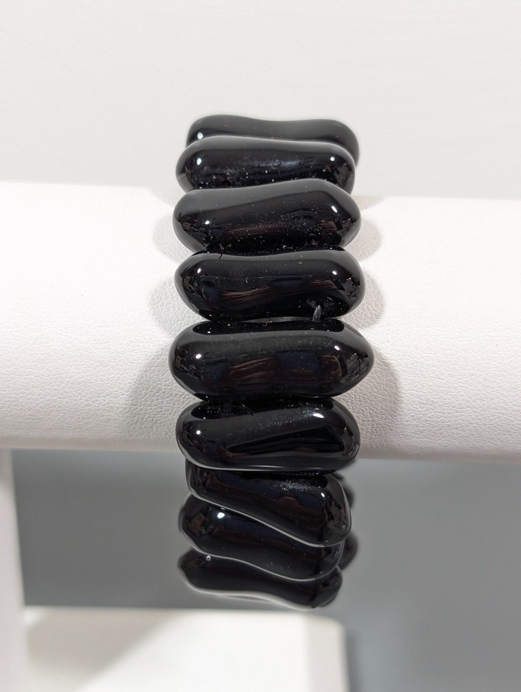 Black Asymmetrical Glass Bead Wide Stretch Bracelet Gothic Boho 6 inch