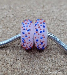 2 X Authentic Sterling Silver Pink Red Blue Confetti Glass Murano Charm Bead Lot
