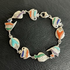 Coleman Co. Sterling Silver Bracelet Fish Link Inlaid Coral Lapis Lazuli 7″