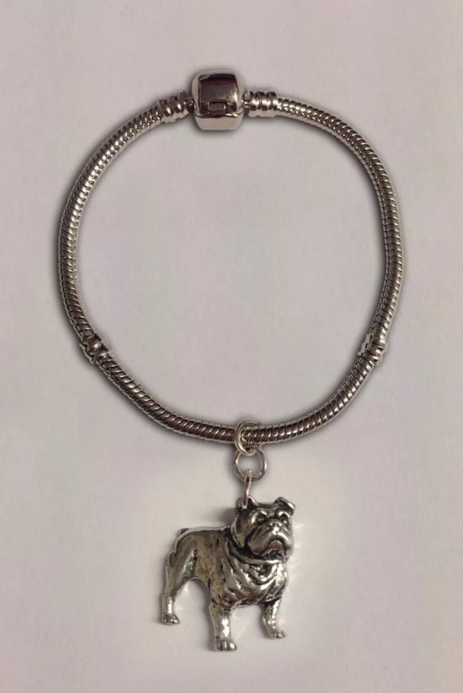 code D14 Bulldog charm on a silver Rhodium Plated Snake Bracelet