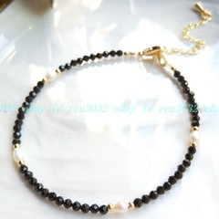 3mm Faceted Multiple Round Gems Beads 4-5mm White Rice Pearl Bracelet 7.5”