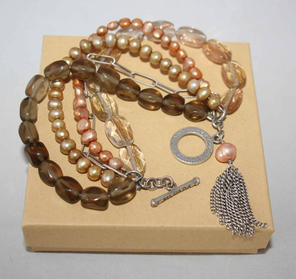 Silpada Silver Multi Strand Champagne Pearl & Smoky Quartz Tassel Bracelet B1412