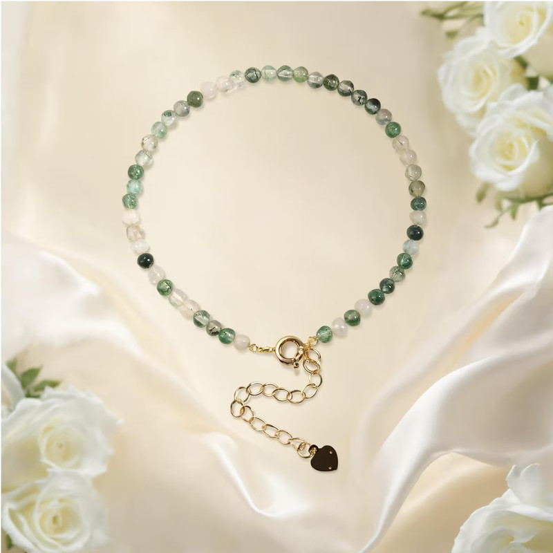 Moss Agate Crystal Gemstone Dainty Bracelet Minimalist Healing 3mm Round Beads gallery