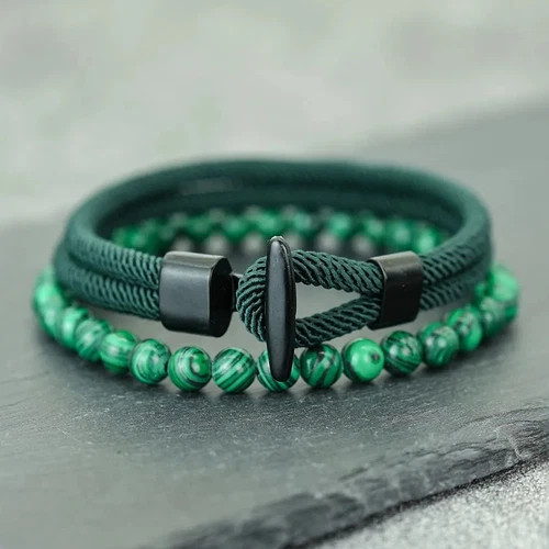 2PCS Men’s Beaded Rope Bracelet Set Tiger Eye & Malachite Stone Handmade Jewelry gallery