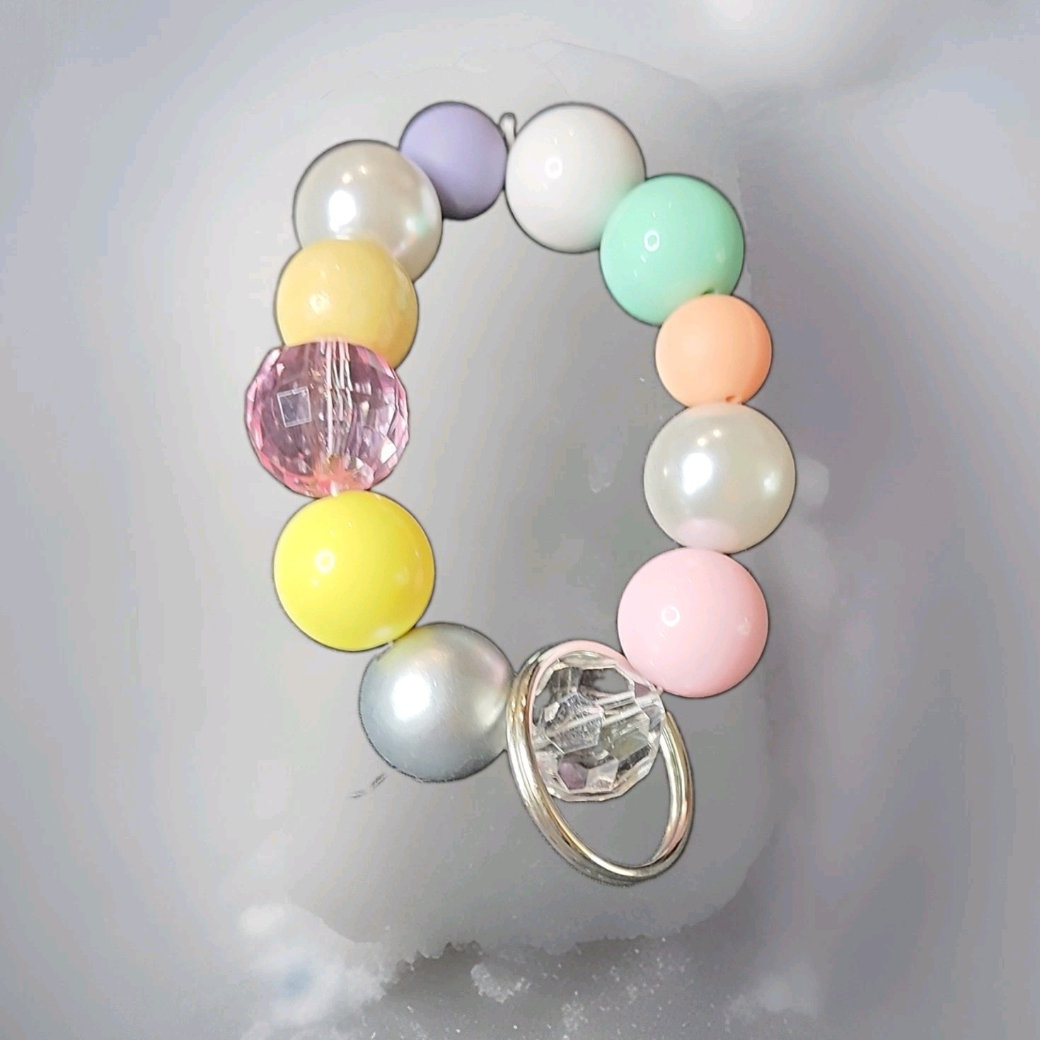 Multicolor Plastic Beaded Stretch Bracelet No Clasp with Clear Dangle Charm gallery