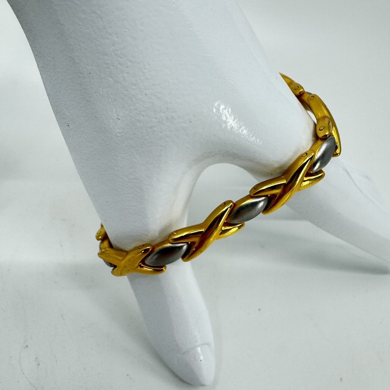 24k Gold Plated Two Tone Puffy XOXO Criss Cross Bracelet 7.5mm Wide 8” Long gallery