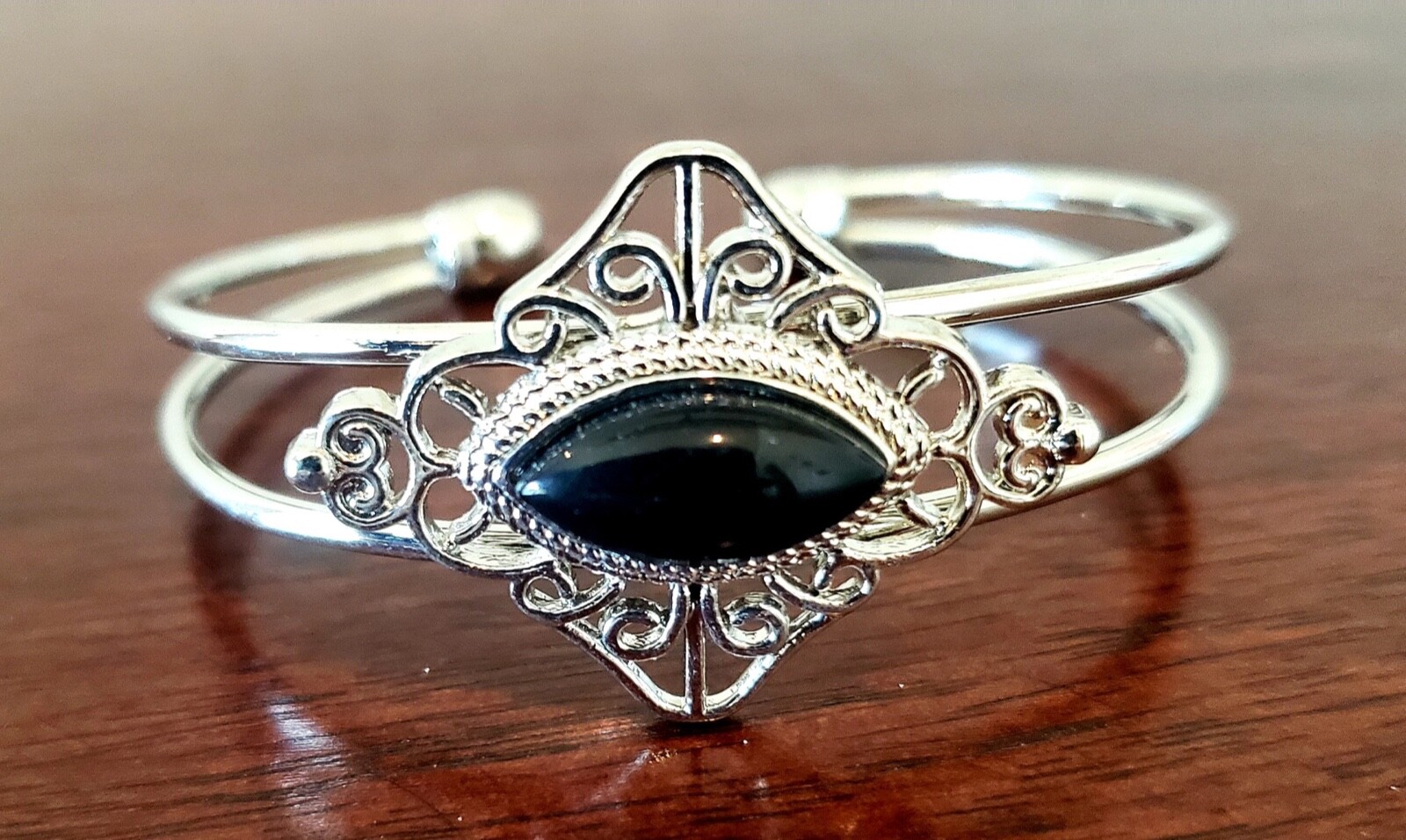 Toni Silvertone Genuine Black Onyx Open Cuff Bracelet 7x15 mm Women Adjustable gallery