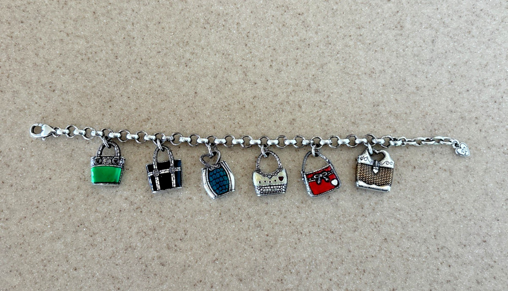 Brighton Jewelry Vintage Charm Bracelet Purse Charms Silver Plate Enamel