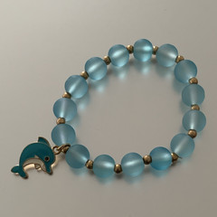 Blue Glass Beaded Stretch Bracelet w/ Silver Dolphin Dangle Charm, Round