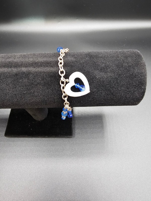 Blue Heart Charm Bracelet Silver Tone Toggle Clasp Beaded Artisan Handmade 7.5" gallery