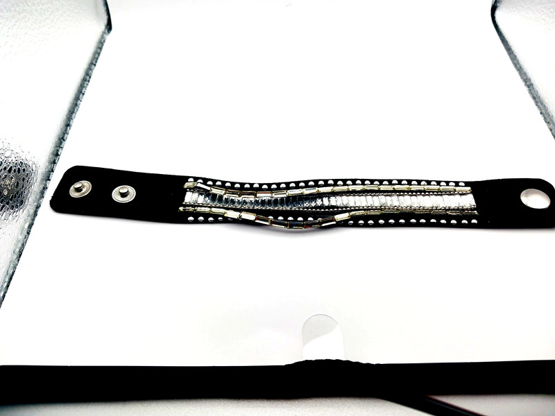 Multi Rhinestone Faux Black Leather Bracelet- 9 Inches Unisex Lot Of TWO gallery