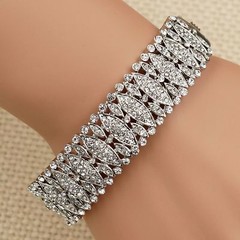 Women Rhodium Plated Clear Crystal Rhinestone Bangle Cuff Bracelet 00202