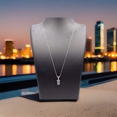 Elegant Minimalist 14k White Gold Blue Aquamarine Gemstone Diamond Necklace 18″