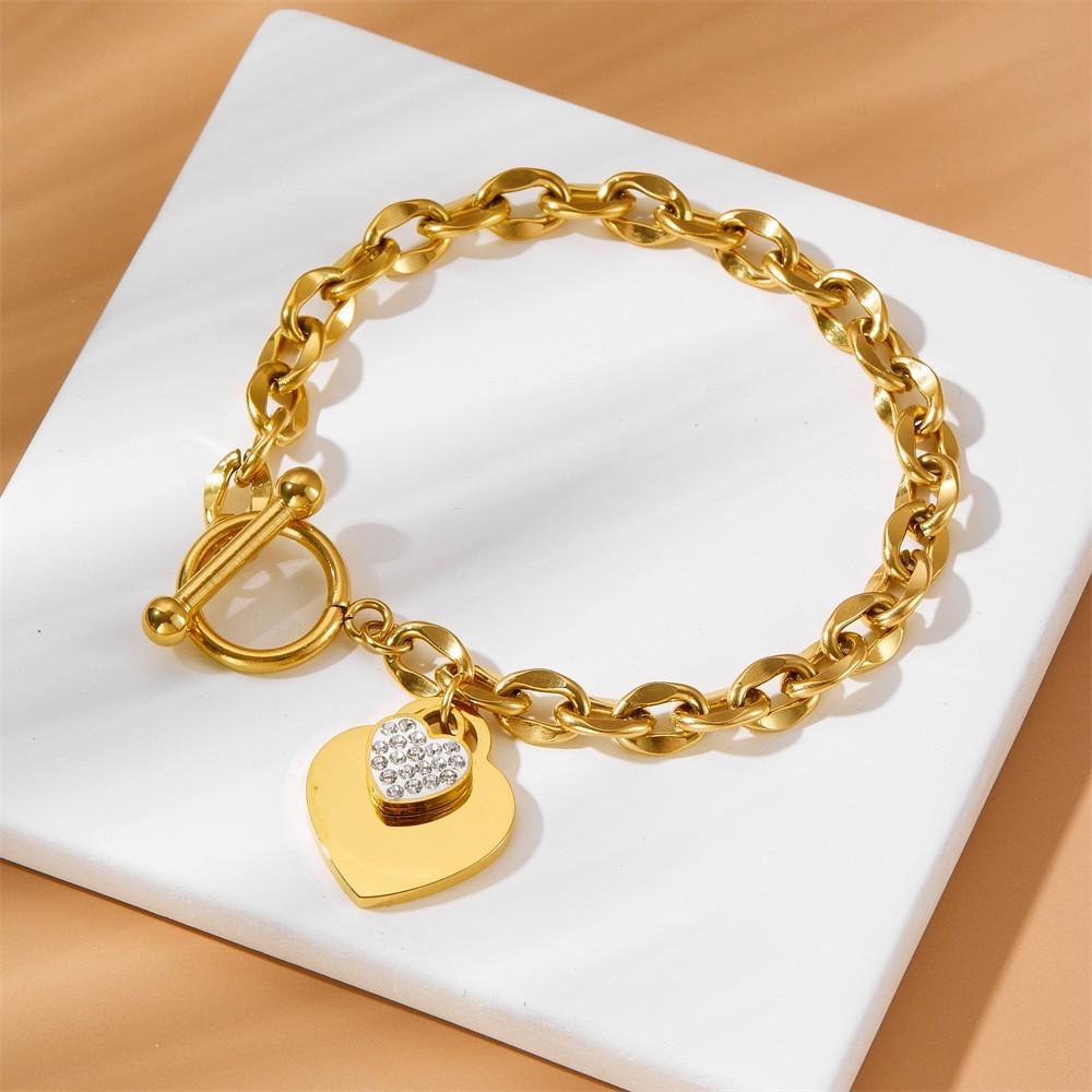 Women's Heart Inlay Zircon Pendant Bracelet OT Buckle Stainless Steel Bracele