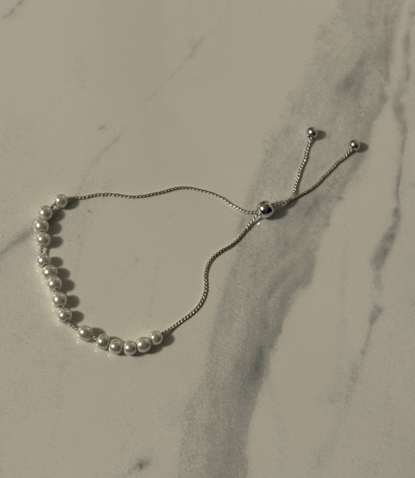 Silver Beaded Adjustable Bolo Bracelet with White Round Imitation Pearl gallery
