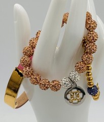 Rustic Cuff Love Story Stack – Pink Leather, Rose Gold Sparkle & Gold Bead Trio