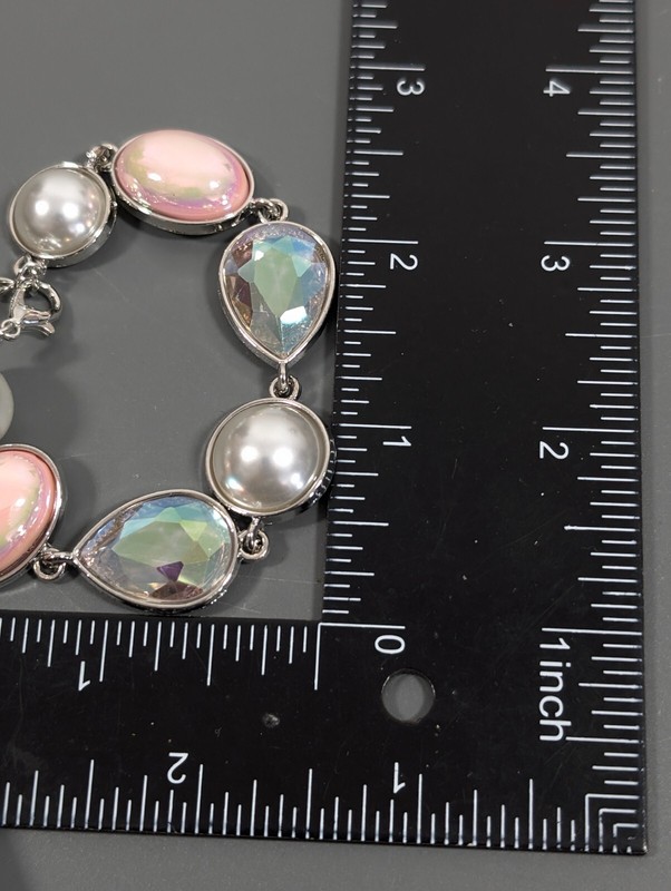 Silver Tone Pink Iridescent AB Crystal Faux Pearl Bezel Tennis Bracelet 9 in gallery