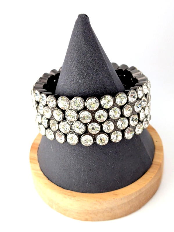 Large Rhinestone Stretch Bracelet w/ Gunmetal Finish Statement Chunky Glam 1" gallery