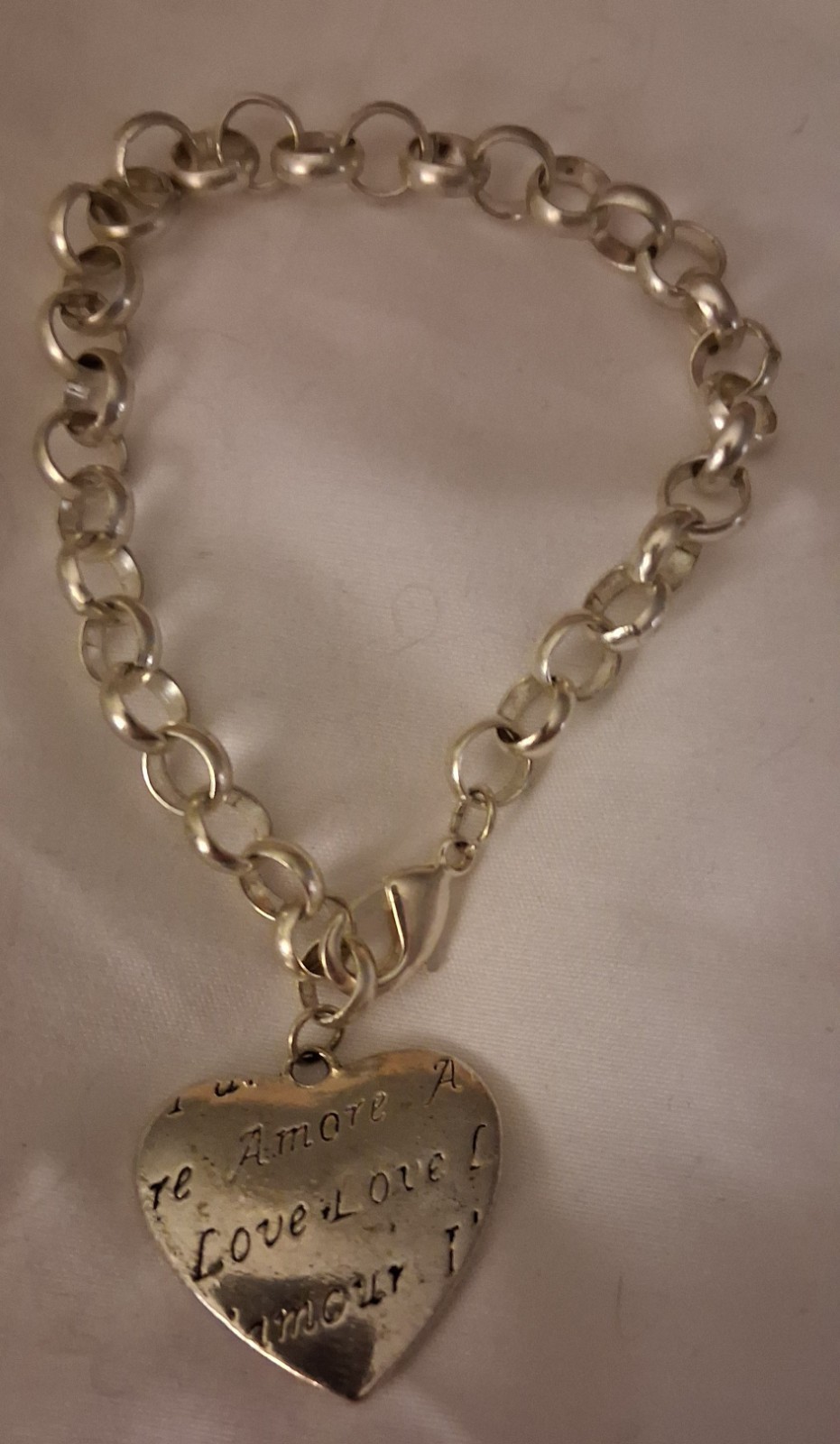 Silver Tone Cable Chain Charm Bracelet Heart Dangle Engraved Love Lobster gallery