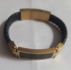White Jade Braided Leather Bracelet Black Gold Tone Fold-Over Clasp Engraved