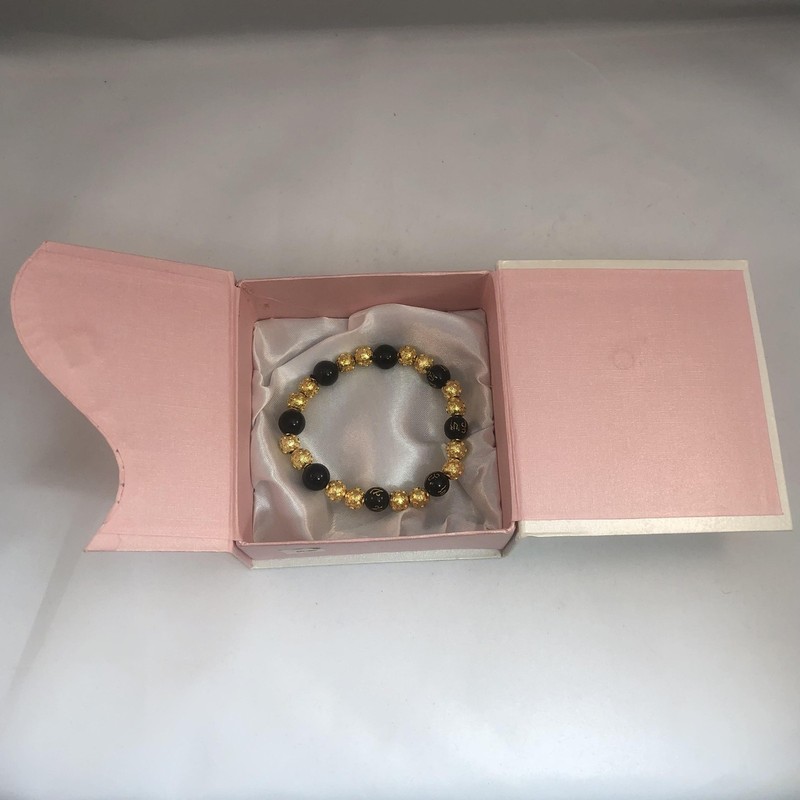 Gold Tone Black Bead Stretch Bracelet Filigree Engraved Script New with Gift Box gallery
