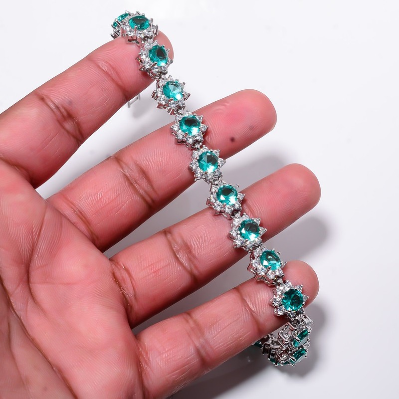 Apatite, CZ 925 Sterling Silver Adjustable Bracelet 7-8" B12797, Gift for her gallery
