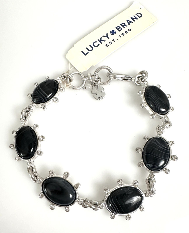 Lucky Brand Silver-Tone Black Agate Stone Pavé Flex Bracelet NWT gallery