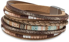Fesciory Leather Wrap Bracelets for Women, Boho Leopard Multi-Layer Crystal Bead
