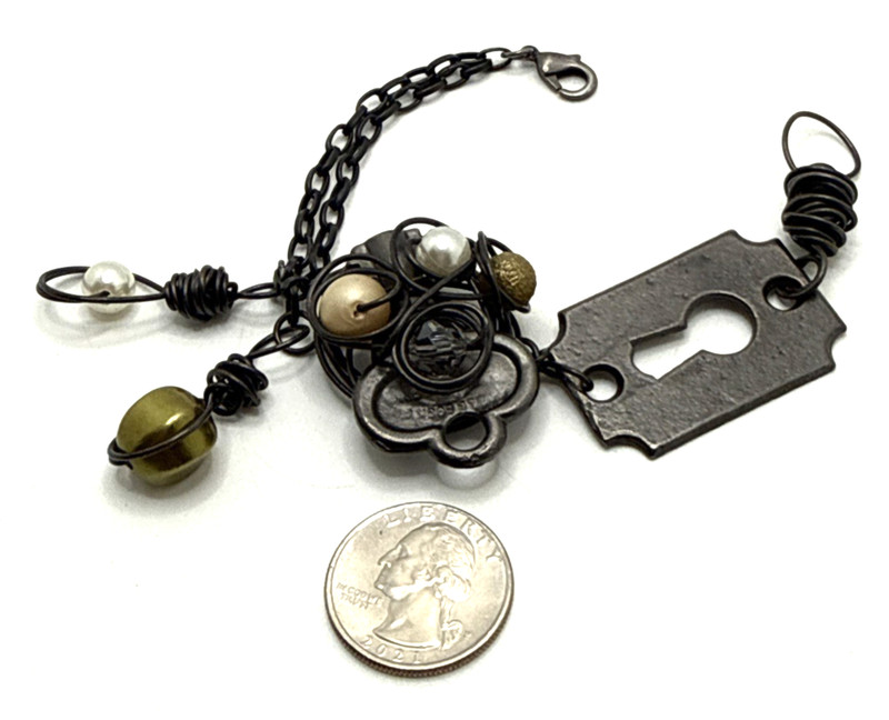 Found Object Steampunk Bracelet Wire Wrapped Keyhole Key Charm Gothic Art 8" gallery