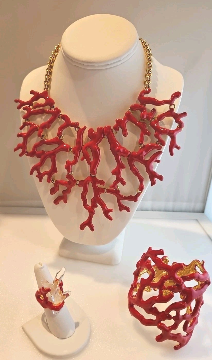 KENNETH JAY LANE *Rare* 3-Piece Red Enamel Coral Bib Necklace, Cuff & Ring WOW! gallery
