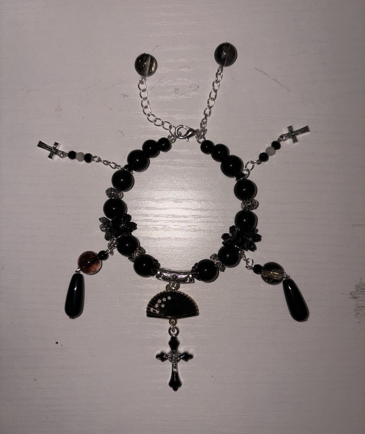 Black & Silver Beaded Charm Bracelet Cross Dangle gallery