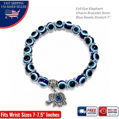 Blue Evil Eye Elephant Charm Bracelet Protection Luck Good Vibes Stretch 7-7.5″