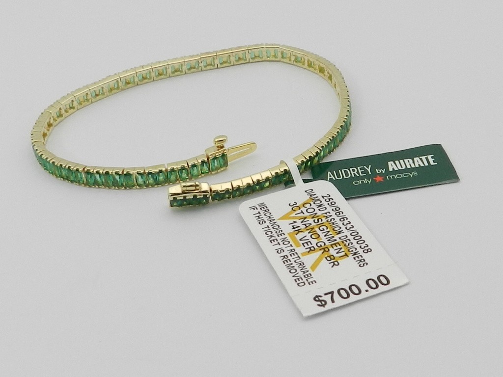 Audrey by Aurate Nano Emerald Color Baguette Tennis Bracelet in Gold over Silver gallery