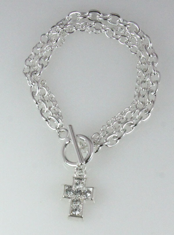 4030309 Silver Plated Chain Bracelet with CZ Cubic Zirconia Silver Cross Togg... gallery